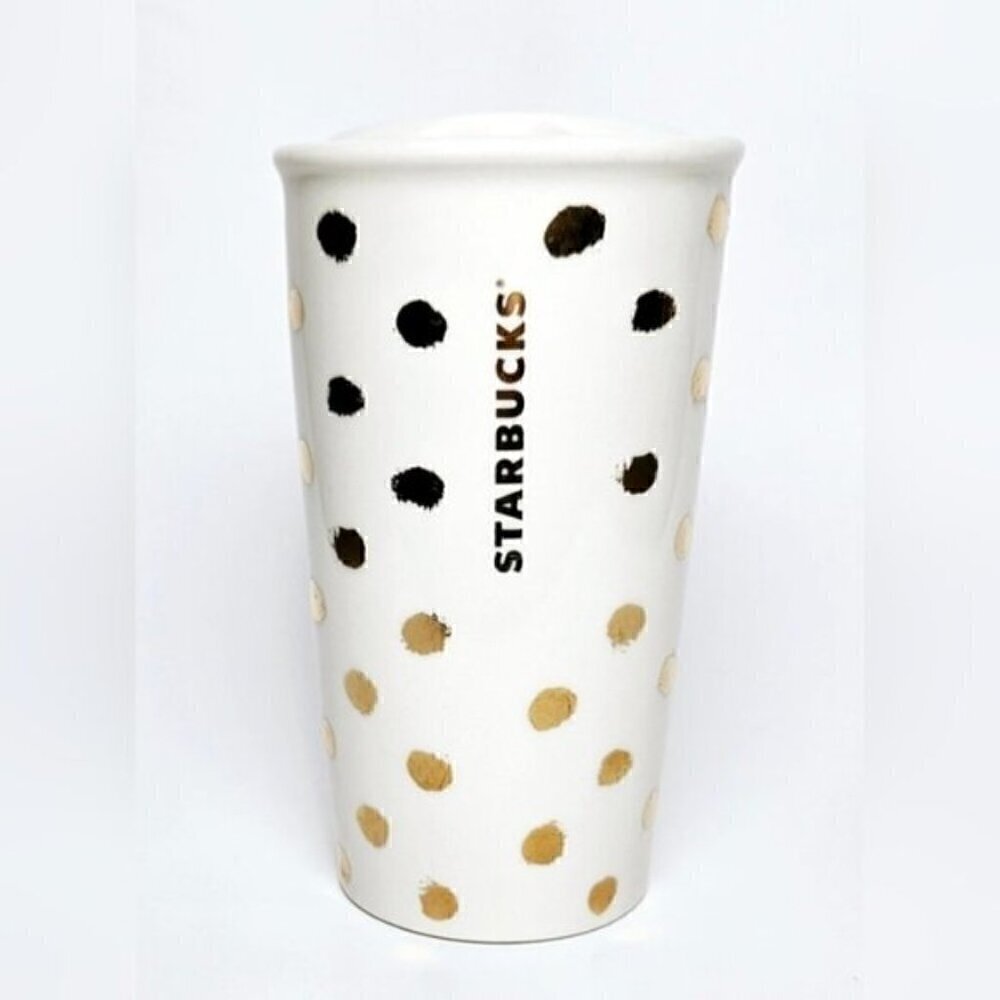 Starbucks White Ceramic Travel Mug Gold & Black Polka Dot 10oz